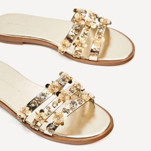 gold flat slide sandals